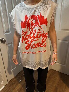 Rolling Stones Upcycled Graffic Band Tee with Lace Sleeve and Rhinestones